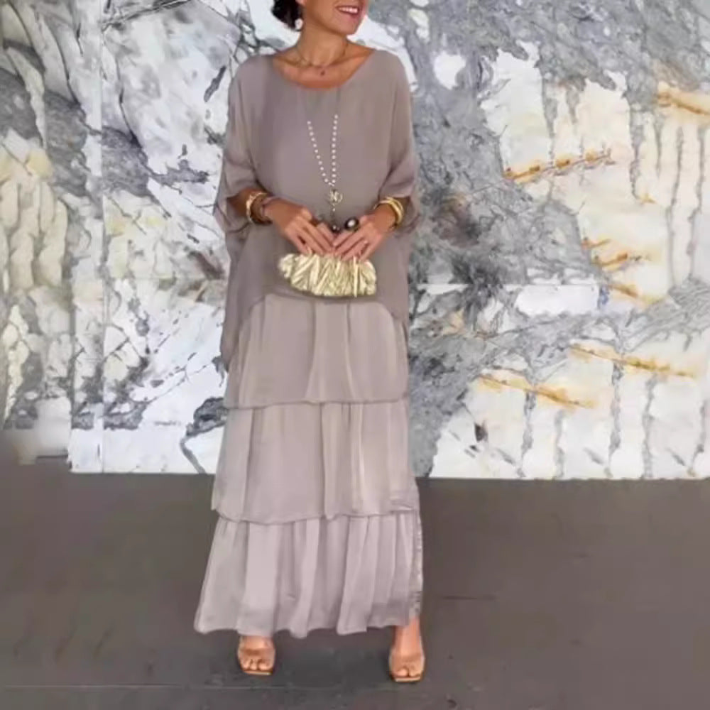 Damen nan mehrlagiges Stufenmaxikleid mit weitem Fledermausoberteil und stufigem Volantrock Drune