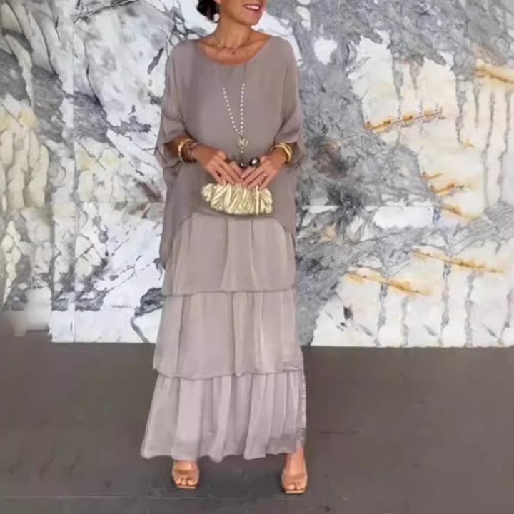 Damen nan mehrlagiges Stufenmaxikleid mit weitem Fledermausoberteil und stufigem Volantrock Drune