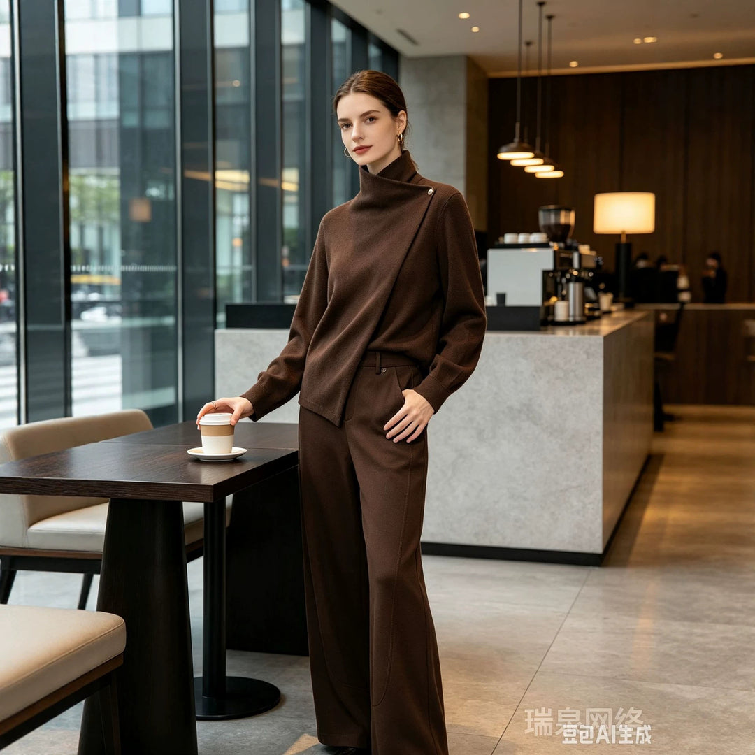 Damen Zweiteiliges Ensemble mit asymmetrischem Rollkragenoberteil und weiter Hochbundhose Drune