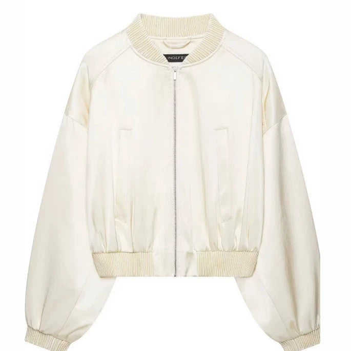 Damen Leichte Cropped Bomberjacke aus Satinoptik mit Rippenbündchen und überschnittener Schulter Drune