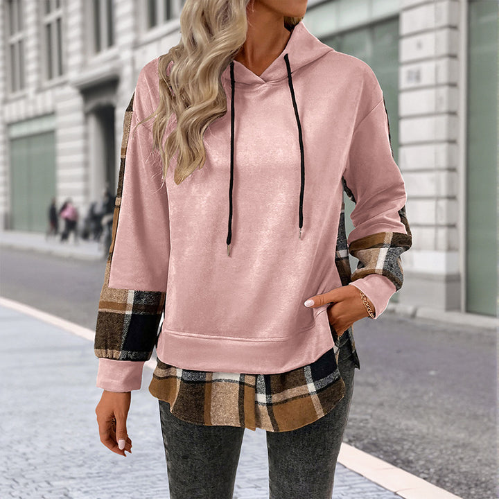 Damen Lässiger Hoodie mit karierten Ärmeln Drune