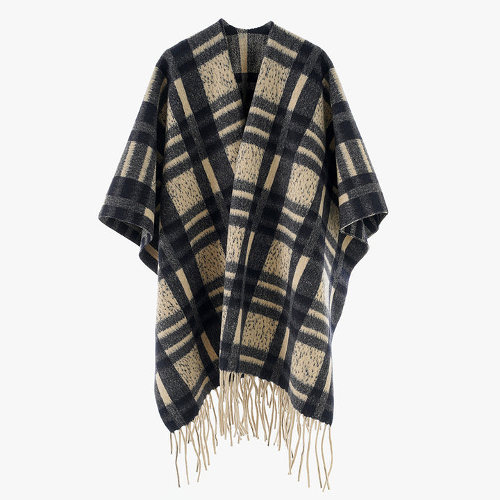 Damen Kariertes Wollmix-Poncho‑Cape mit Fransensaum und offenem Oversize‑Fall Drune