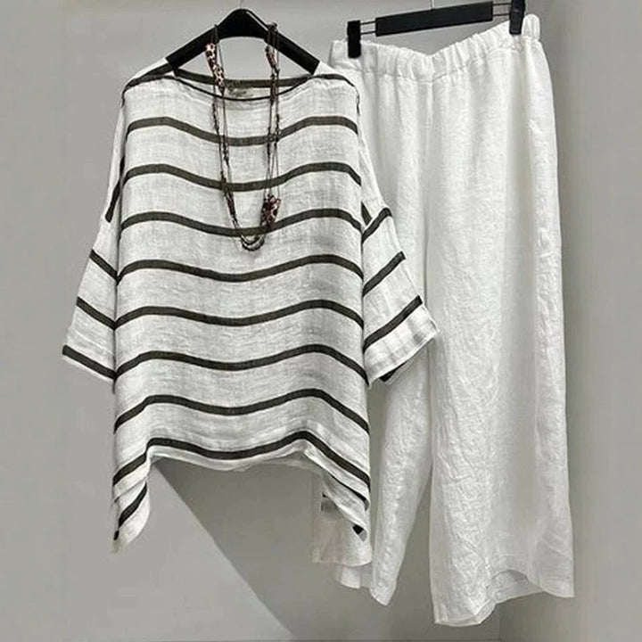 Damen nan lässiges Leinen-Set mit asymmetrischer Streifenbluse und weiter Elastikbund-Hose Drune