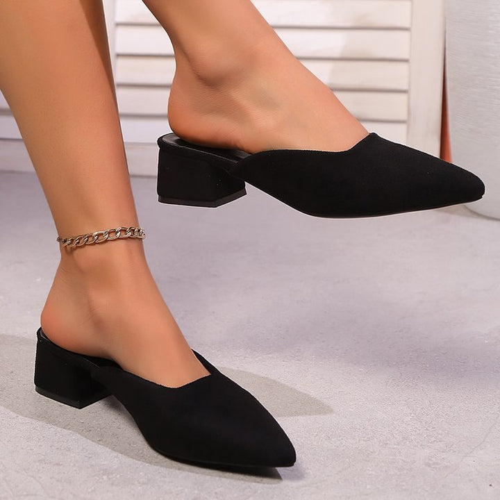 Damen elegante Mules mit spitz zulaufender Spitze und modischem Blockabsatz Drune