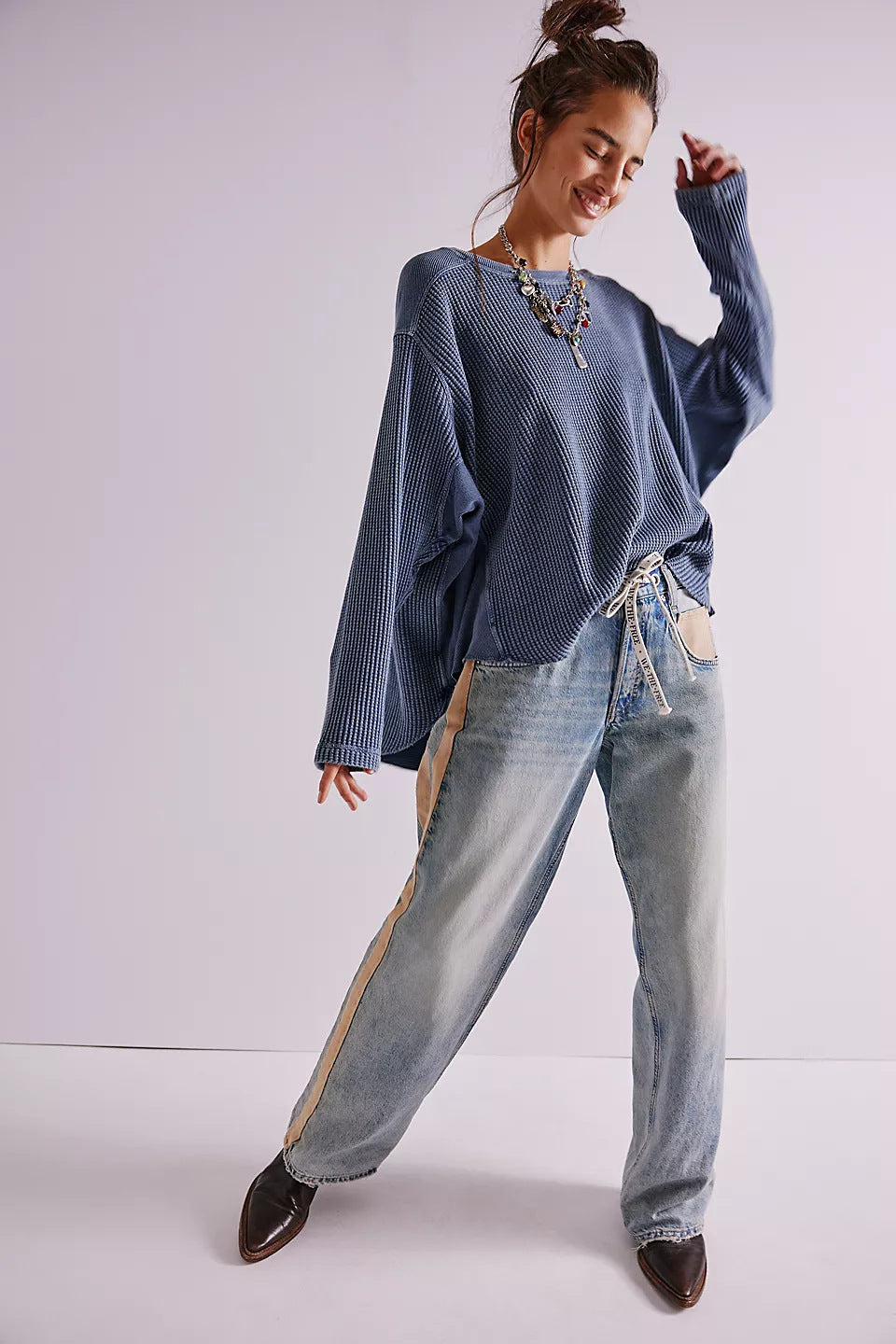 Damen Oversized Waffelstrick-Pullover mit weitem Schnitt und tiefem Raglan Drune
