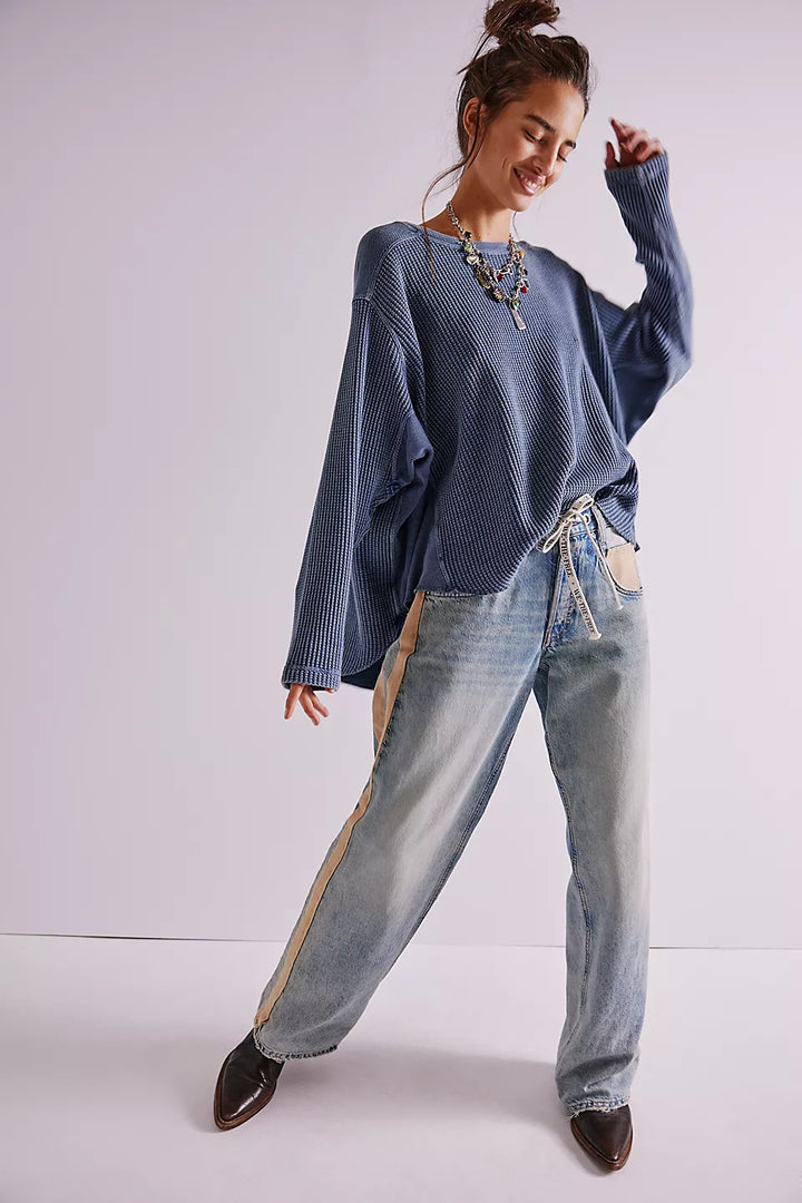 Damen Oversized Waffelstrick-Pullover mit weitem Schnitt und tiefem Raglan Drune