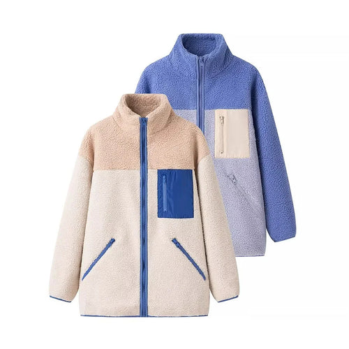 Damen nan locker geschnittene Teddy‑Fleecejacke mit Stehkragen Reißverschlusstaschen und aufgesetzter Brusttasche Drune