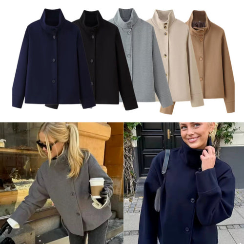 Damen 60+ Boxy‑Kurzjacke mit hohem Stehkragen und verdeckter Knopfleiste Drune