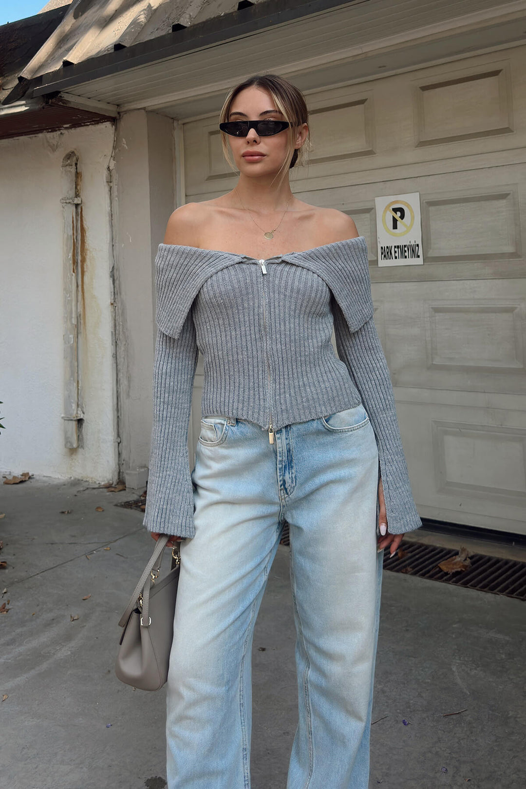 Damen modischer Off-Shoulder Pullover mit Reißverschluss Drune