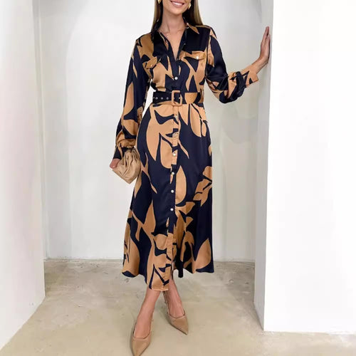 Damen nan fließendes Hemdblusenkleid mit Taillengürtel, Brustklappen und abstraktem Print Drune