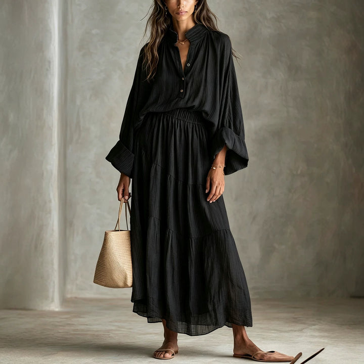 Damen Maxikleid mit geraffter Taille, Stehkragen und voluminösen Ballonärmeln Drune