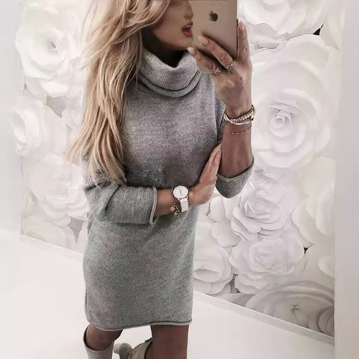 Damen Gemütliches Rollkragen Mini Kleid aus Feinstrick mit Geradem Schnitt Drune