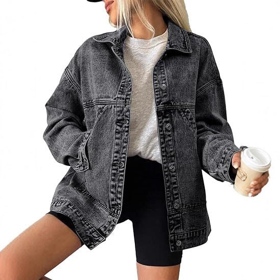 Damen Oversize Jeansjacke mit tiefer Passe, geradem Saum und Vintage‑Waschung Drune