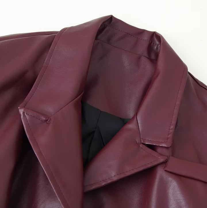 Damen elegante Kunstlederjacke mit tailliertem Schnitt und Bindegürtel Drune