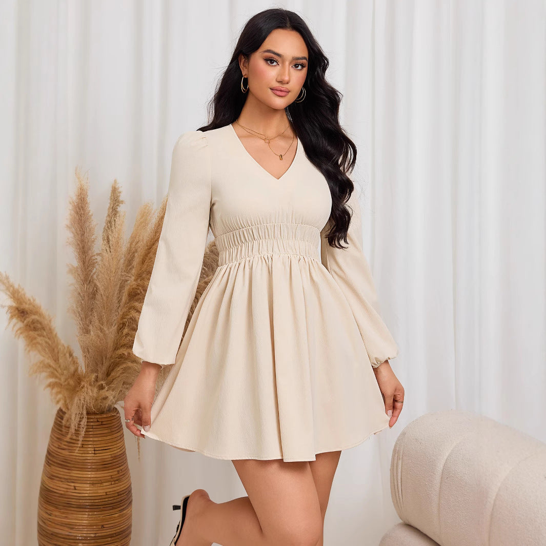 Damen gerafftes Skater-Minikleid mit V-Ausschnitt Smok-Taillenband und ballonärmeln Drune
