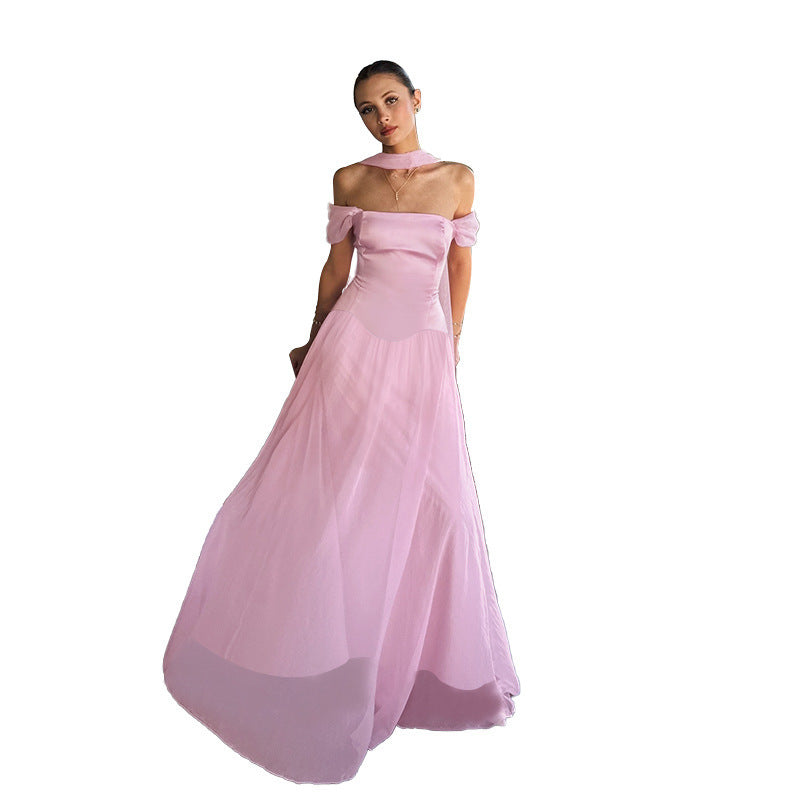 Damen Elegantes Abendkleid mit schulterfreien Puffärmeln und Choker Drune