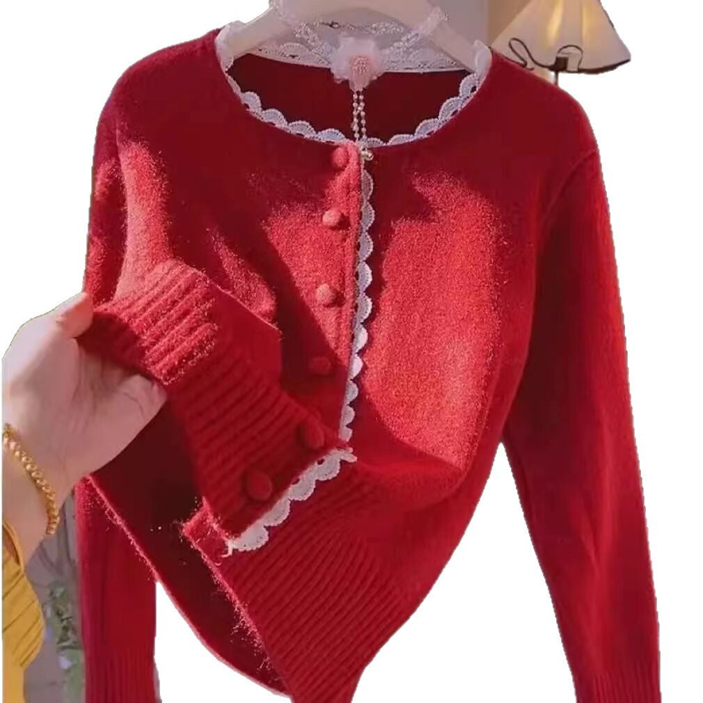 Damen Verspielte Strickjacke mit Spitzenelementen Drune