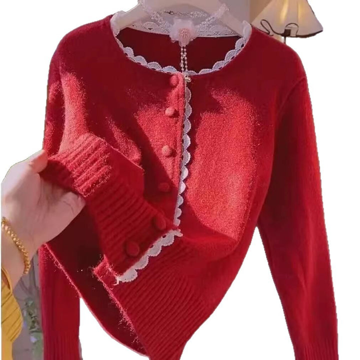 Damen Verspielte Strickjacke mit Spitzenelementen Drune