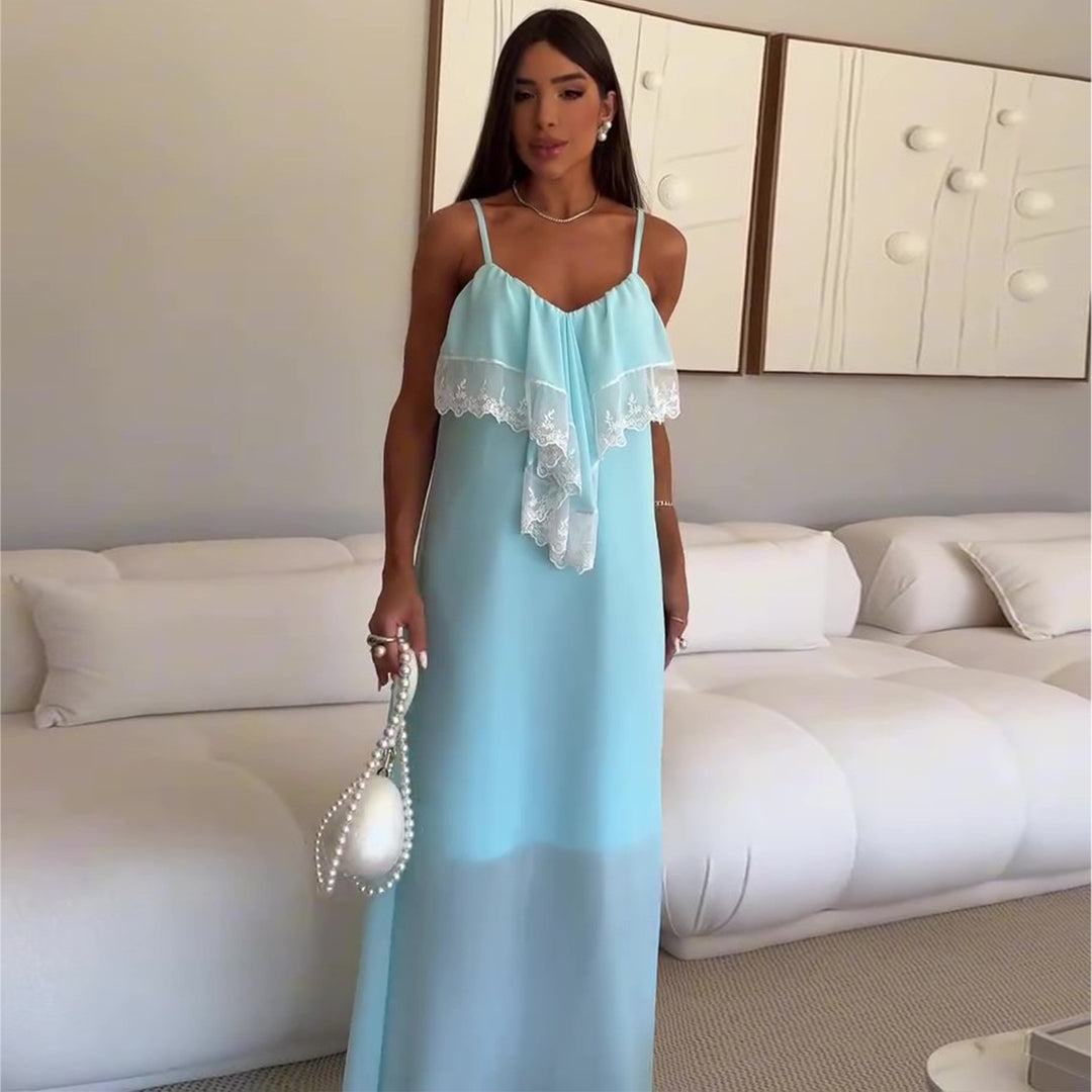 Damen Maxi-Nachtkleid mit zartem Spitzenbesatz und feinen Trägern Drune