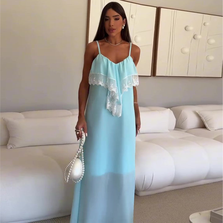 Damen Maxi-Nachtkleid mit zartem Spitzenbesatz und feinen Trägern Drune