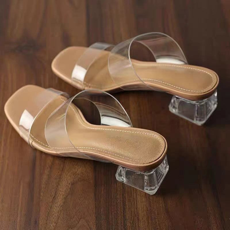 Damen Minimalistische Doppelriemen Mules mit transparentem Obermaterial und geometrischem Blockabsatz Drune