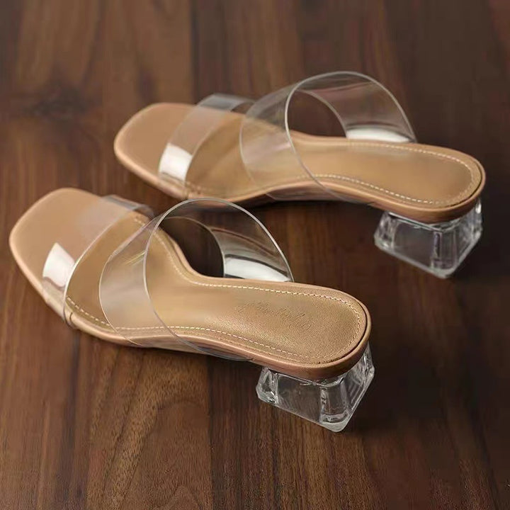 Damen Minimalistische Doppelriemen Mules mit transparentem Obermaterial und geometrischem Blockabsatz Drune