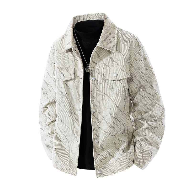 Men's  marbled corduroy snap-front collared trucker jacket with chest flap pockets Drune