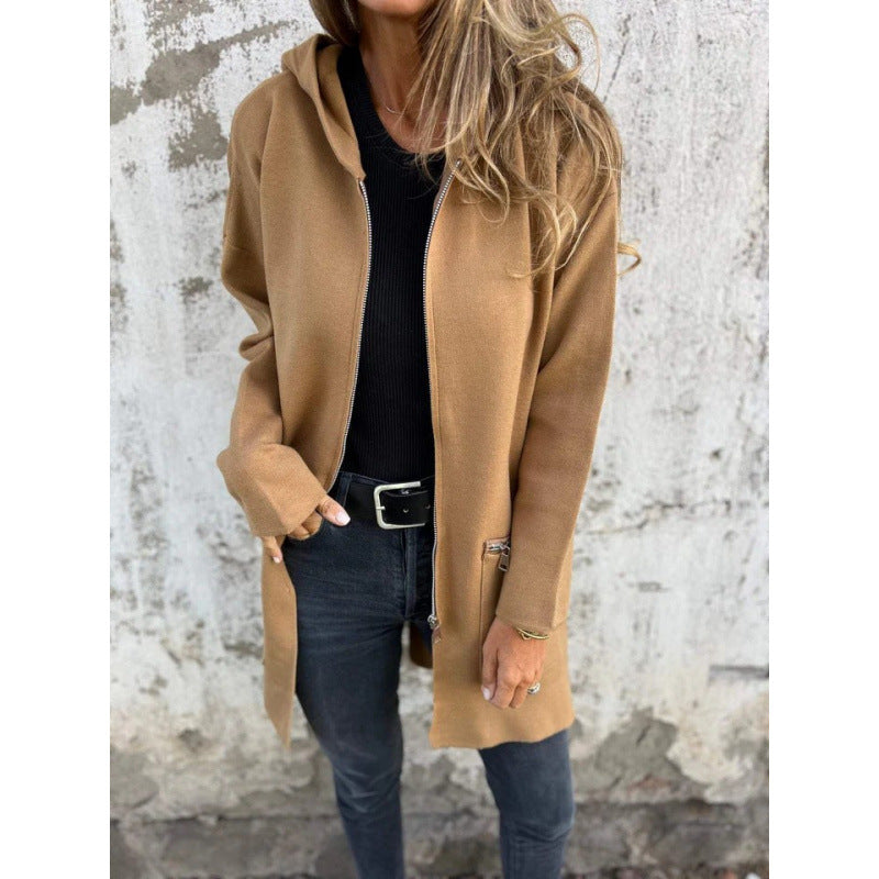 Damen Kapuzen-Longcardigan mit durchgehendem Reißverschluss und Ziertaschen Drune