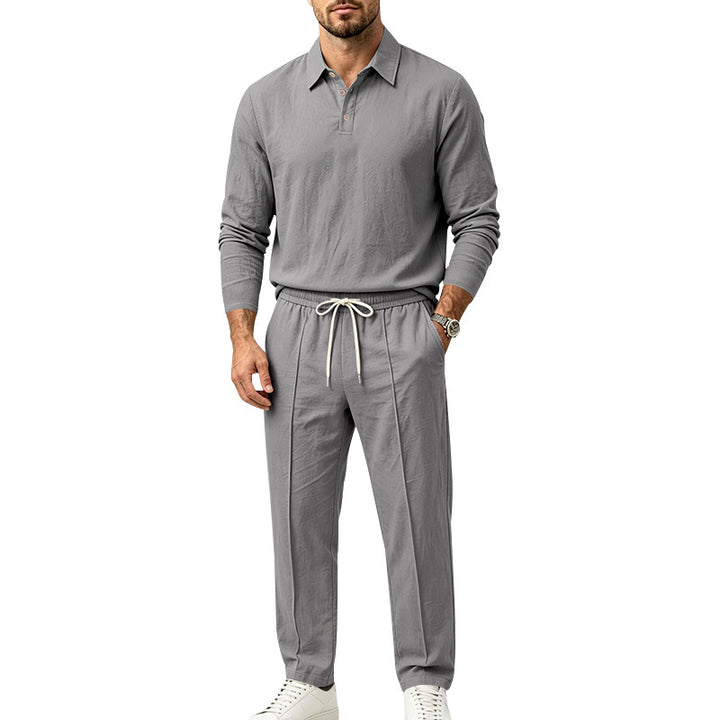 Herren Lässiges Leinenoptik-Loungewear-Set mit Henley-Kragen und Kordelbzw. Bund Drune