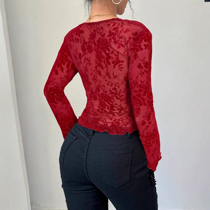 Damen nan eng anliegende transparente Mesh-Spitzenbluse mit tiefem V-Ausschnitt und floraler Veloursstruktur Drune