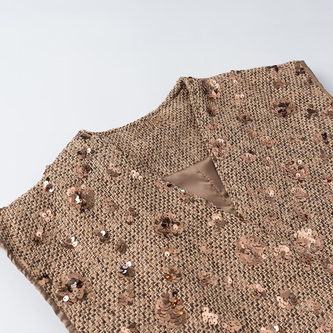 Damen Ärmellose Glitzer-Tweed-Weste mit Wickeloptik und Paillettenbesatz Drune