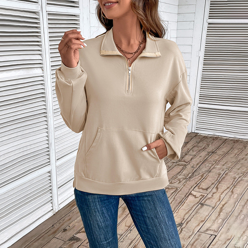 Damen Leichtes Halbzip-Sweatshirt im Relaxed-Fit mit Kängurutasche und Stehkragen Drune