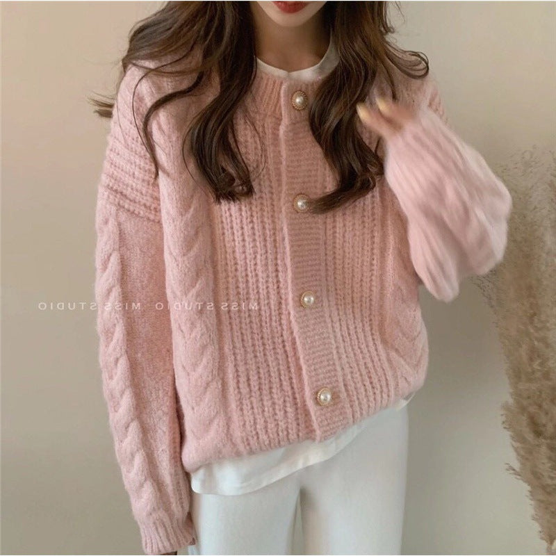 Damen Kuscheliger Strickcardigan mit Perlenknopfdetails und Zopfstruktur Drune
