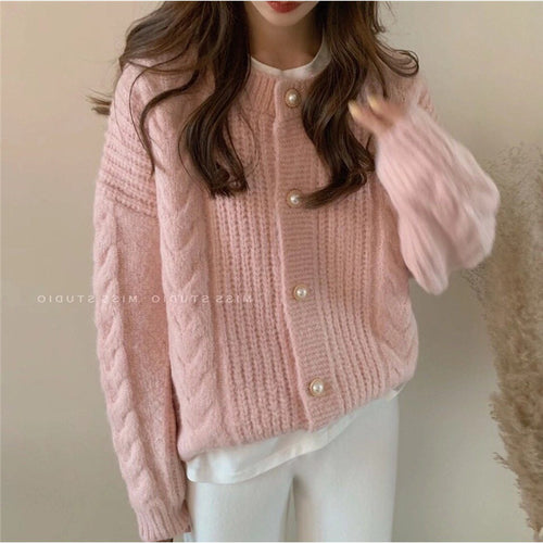 Damen Kuscheliger Strickcardigan mit Perlenknopfdetails und Zopfstruktur Drune
