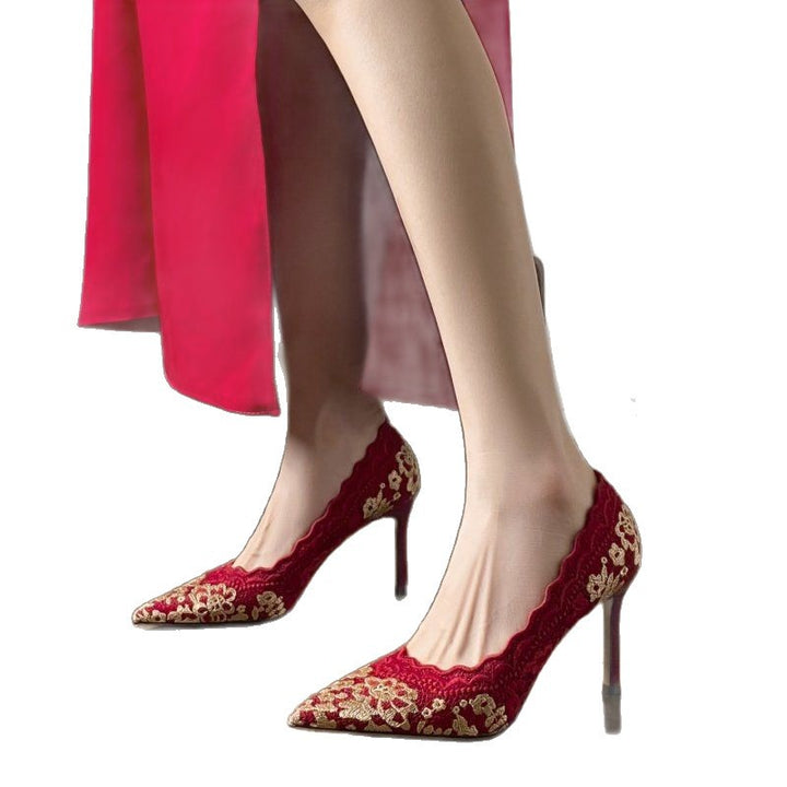 Damen Elegante Spitzen-Pumps mit gewelltem Saum und floraler Stickerei Drune
