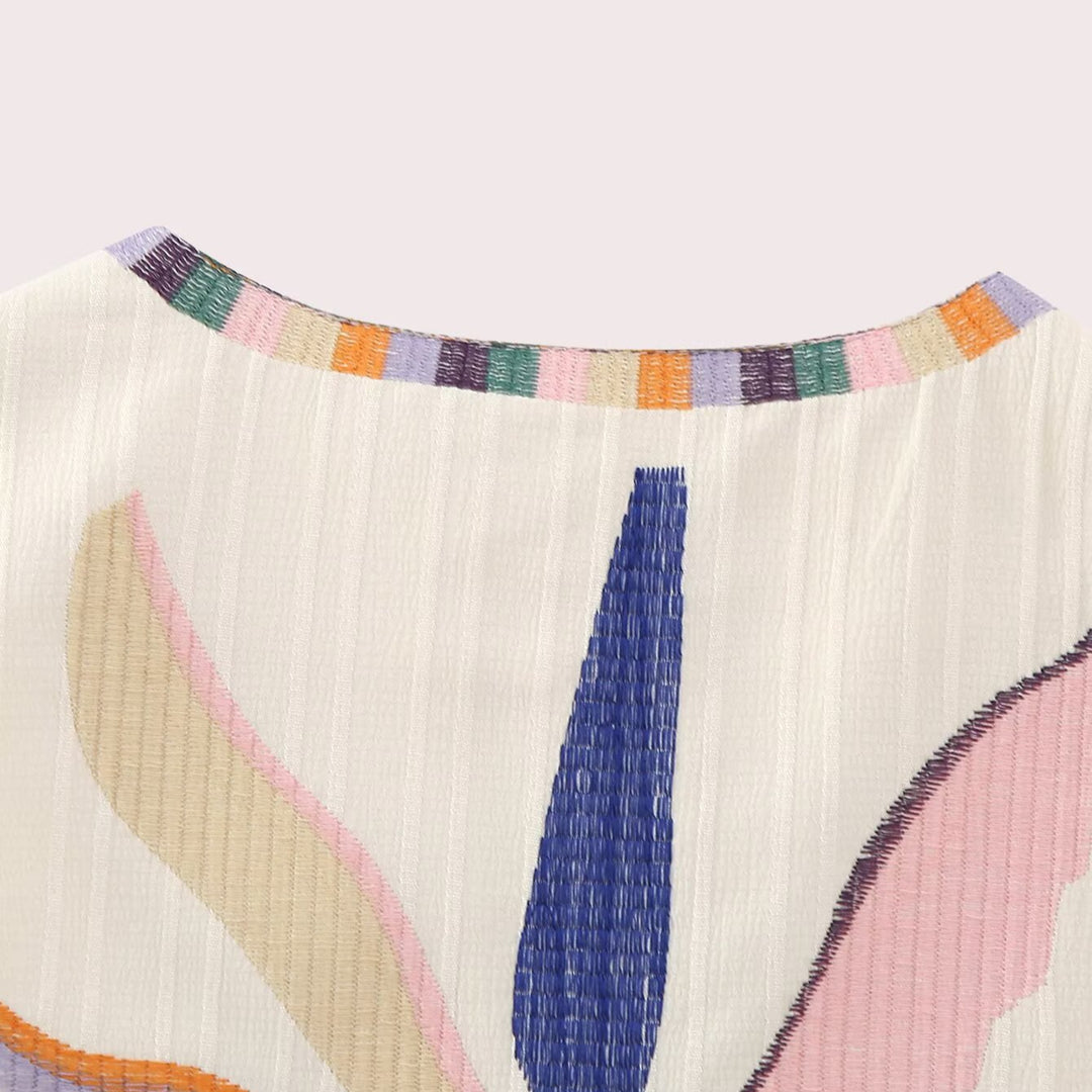 Damen bestickte ärmellose Boho‑Weste mit folkloristischen Motiven und offener Front Drune
