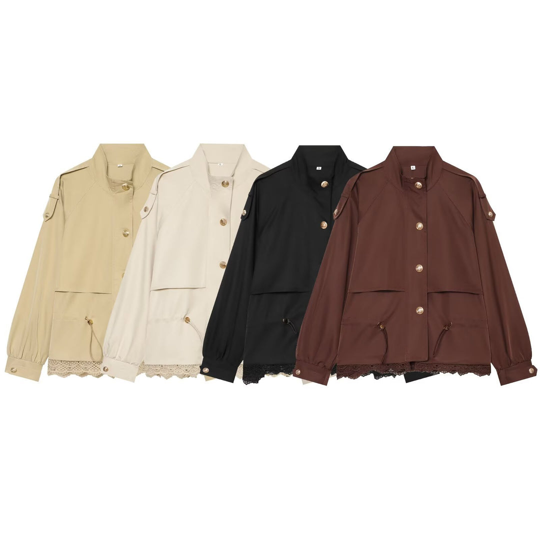 Damen leichte Parka-Jacke mit Kordelzug und Spitzensaum Drune