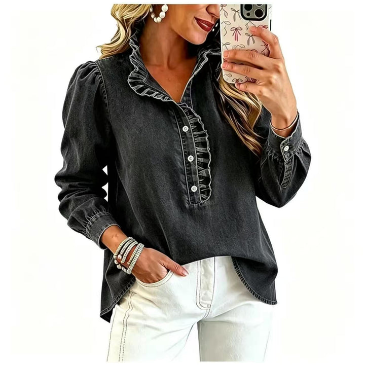 Damen Jeansbluse mit Rüschenkragen und Ballonärmeln Drune