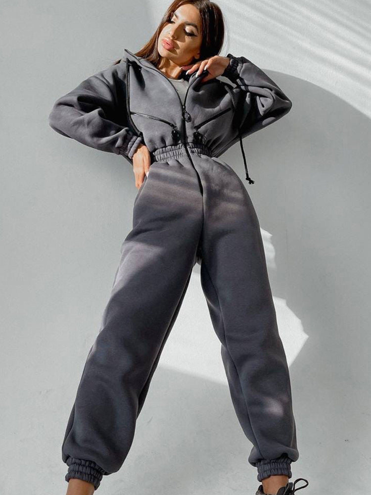Damen Taillierter Kapuzen-Sweat-Jumpsuit mit Reißverschluss und elastischem Taillenbund Drune