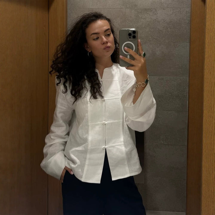 Damen Oversize-Leinenbluse mit Mandarin-Kragen, verdeckter Knopfleiste und dreiviertelärmeln Drune