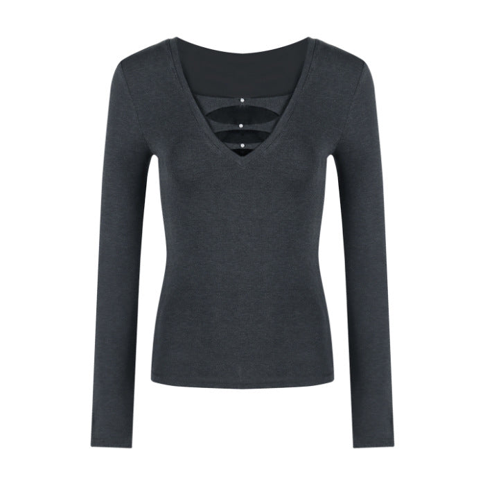 Damen elegantes Langarmshirt mit V-Ausschnitt und modischer Raffung Drune