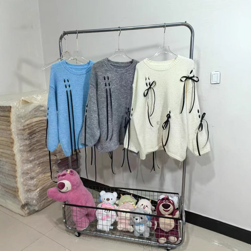 Damen kuscheliger Strickpullover mit eleganten Schleifenachsen Drune