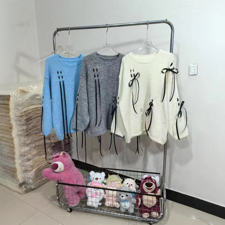 Damen kuscheliger Strickpullover mit eleganten Schleifenachsen Drune
