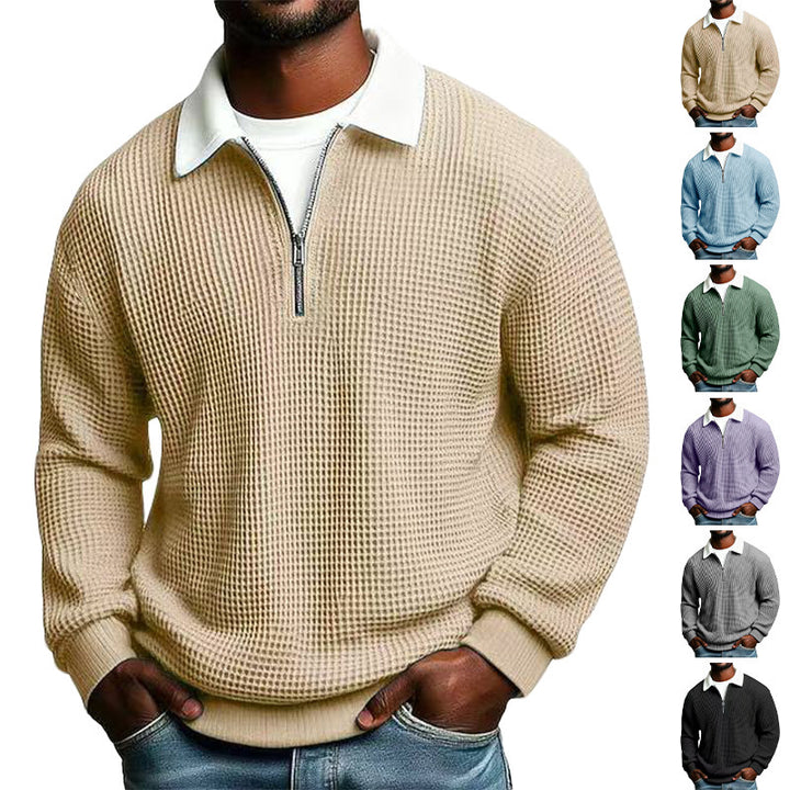 Herren nan strukturierter Waffelstrick-Pullover mit Polokragen und kurzem Reißverschluss Drune