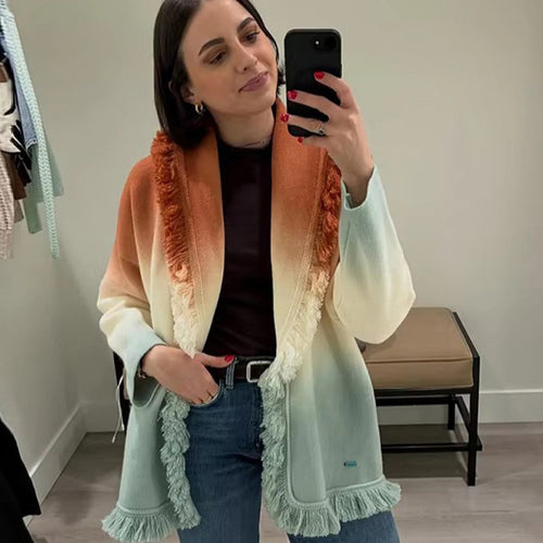 Damen Farbverlauf-Strickcardigan mit Fransen und Schalkragen Drune