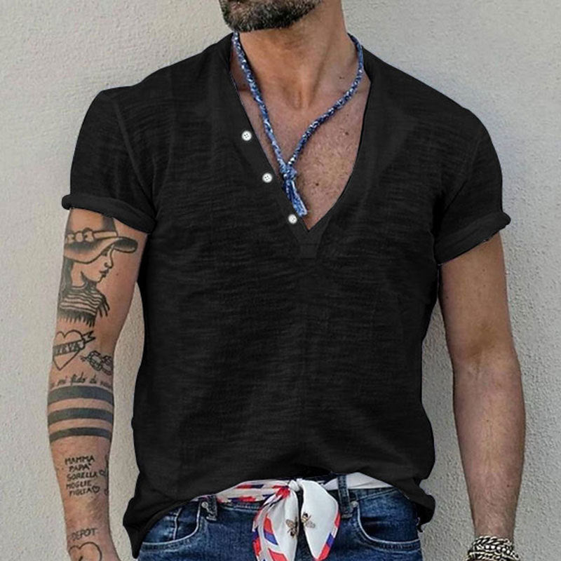 Herren nan Kurzarmshirt im Henleystil aus Slub-Baumwolljersey mit kurzer Knopfleiste Drune