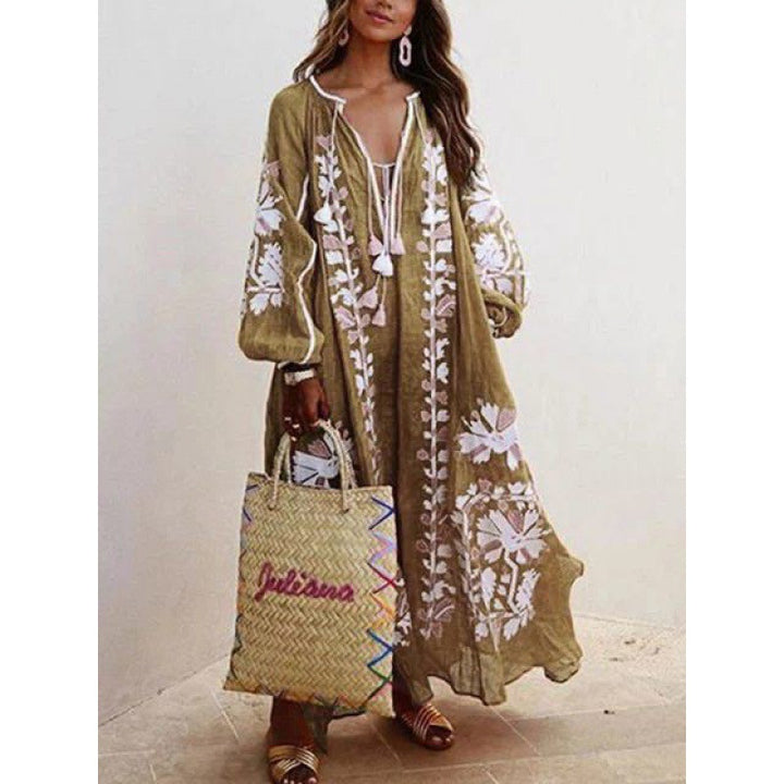 Damen Besticktes Boho-Maxikleid mit Ballonärmeln und Quastenverschluss Drune