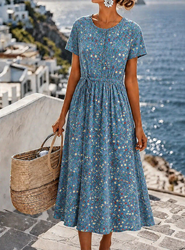 Damen Midikleid mit floralem Alloverprint, Tunnelzugtaillenband und Knopfleiste Drune