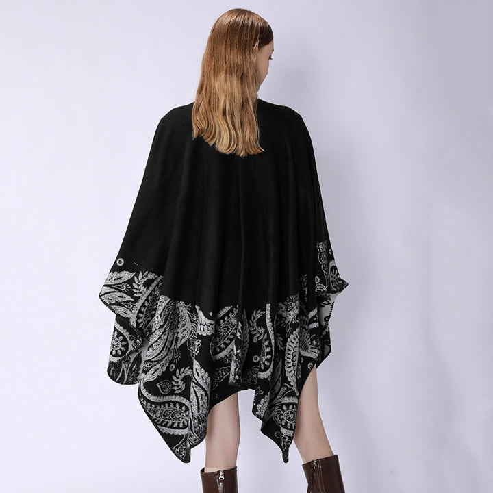 Damen Reversibler Jacquard-Capeponcho aus Wollmix mit Paisley-Motiv und offenem Fall Drune