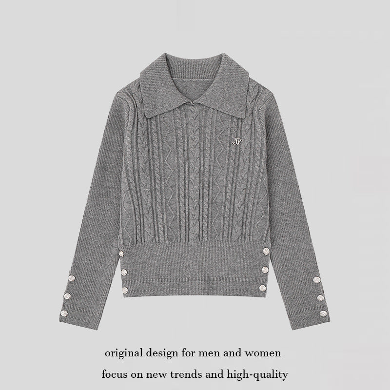 Damen Feinstrick-Polo-Pullover mit Zopfmuster, Zierknopfbesatz und taillierter Passform Drune